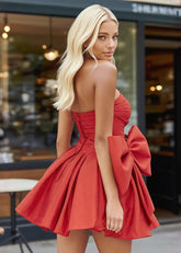 Upgraded Event Pleated Red Strapless Homecoming Dress with Bow - Red - PromDressClub
